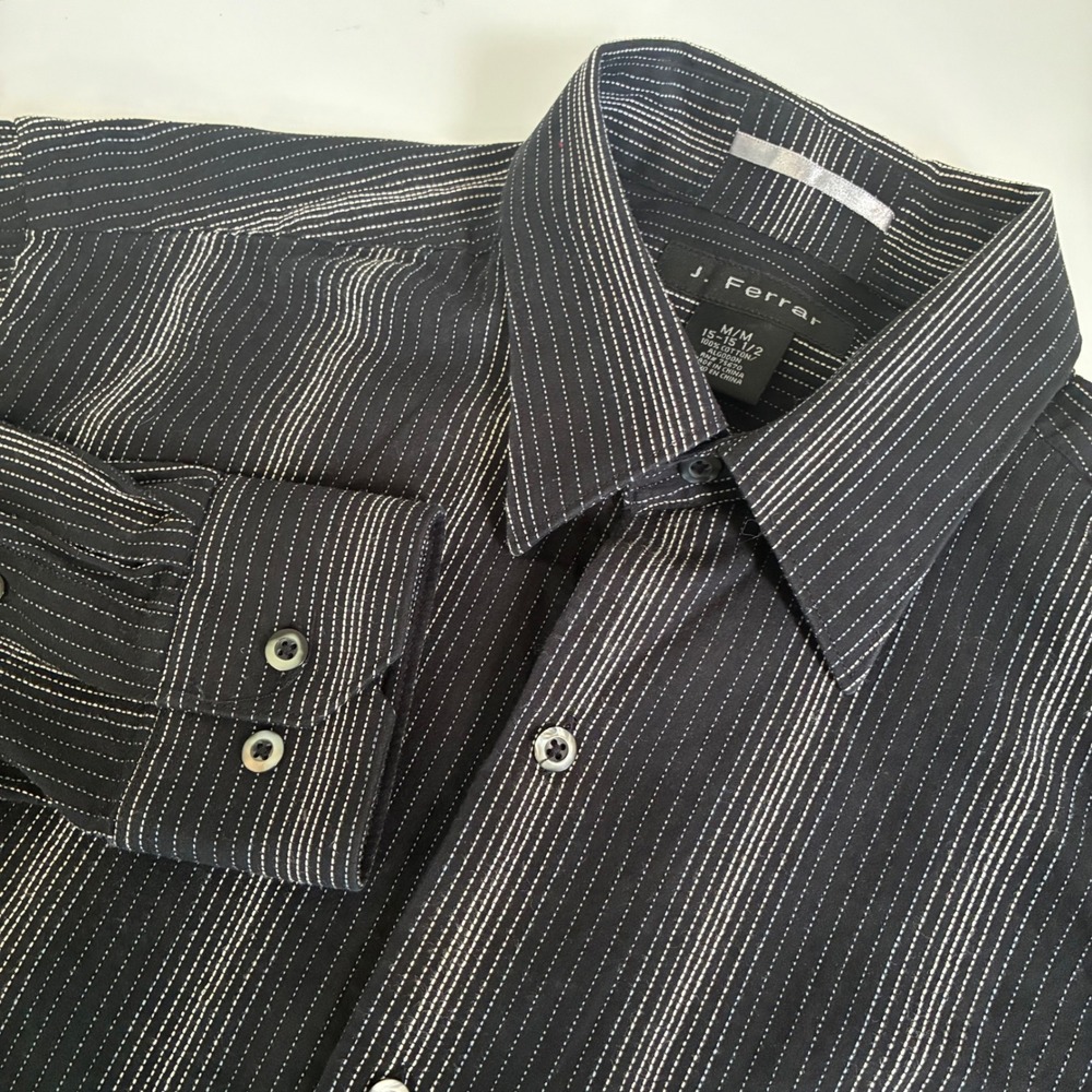 J. Ferrar Mens Black White Dashed Pinstripe Long Sleeve Button Down Shirt Medium